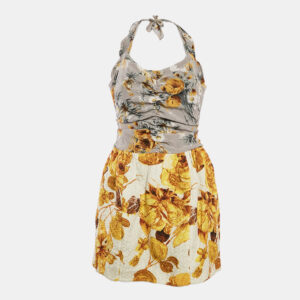 dolce & gabbana grey/yellow floral print jacquard and crepe halter neck dress m