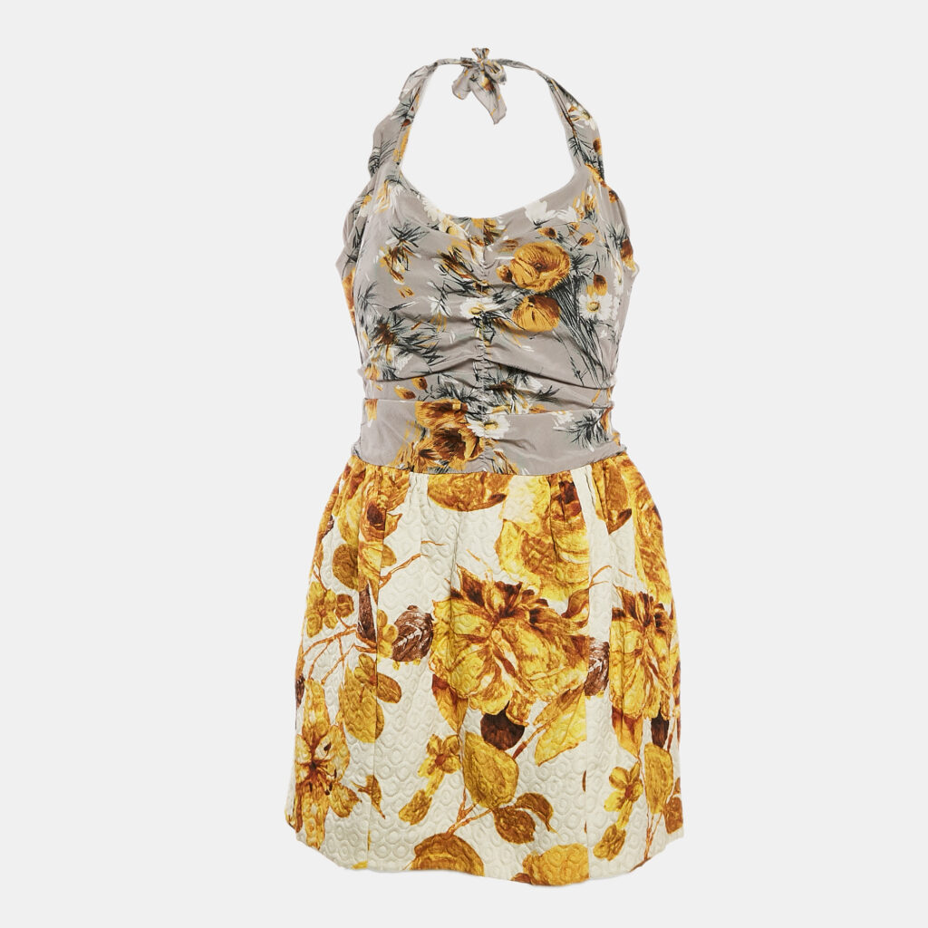 luxury-women-dolcegabbana-used-clothes-p1136471-002.jpg Dolce & Gabbana Grey/Yellow Floral Print Jacquard and Crepe Halter Neck Dress M