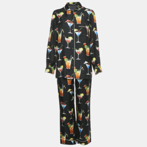 dolce & gabbana black cocktail print silk pajama shirt and pants set s