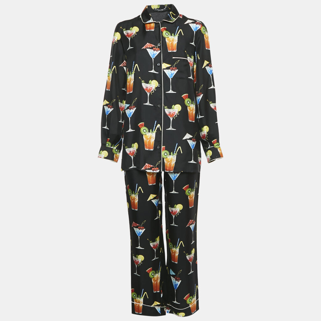 luxury-women-dolcegabbana-used-clothes-p1141499-001.jpg Dolce & Gabbana Black Cocktail Print Silk Pajama Shirt and Pants Set S