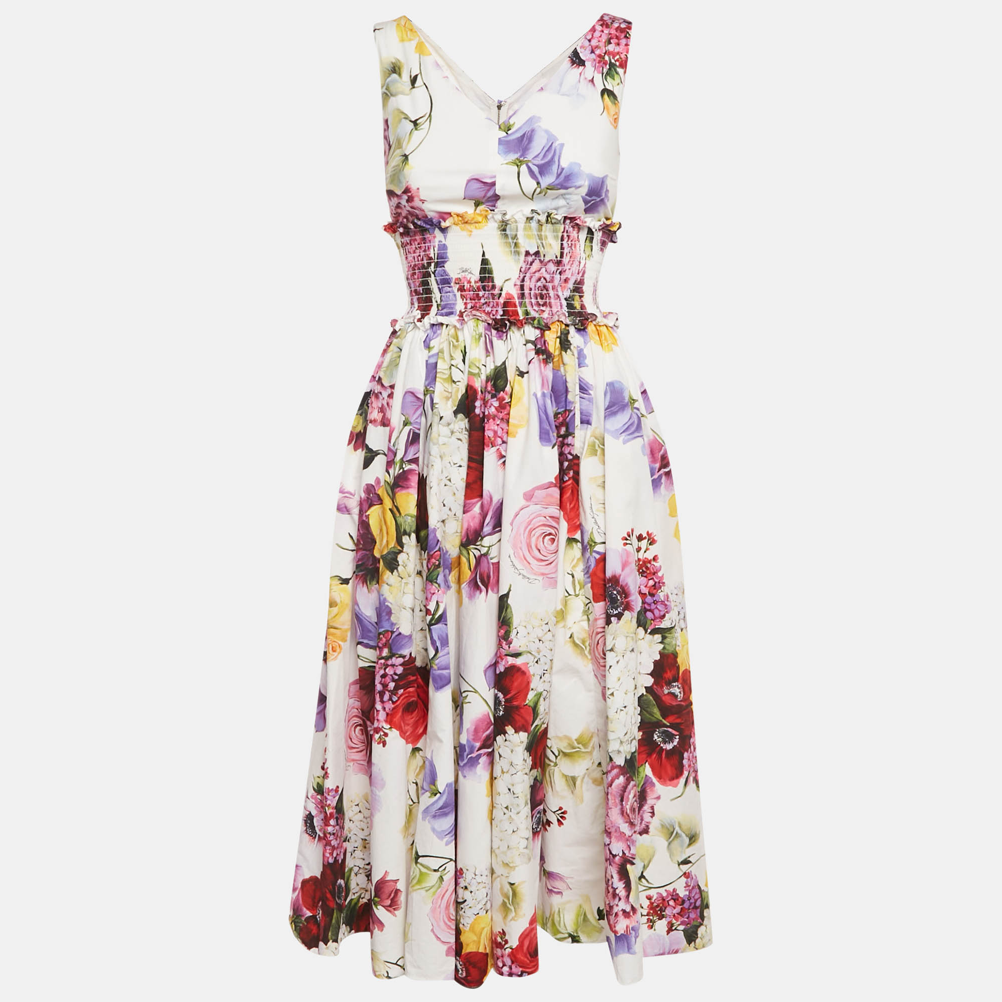 dolce & gabbana white floral print cotton smocked sleeveless midi dress xs