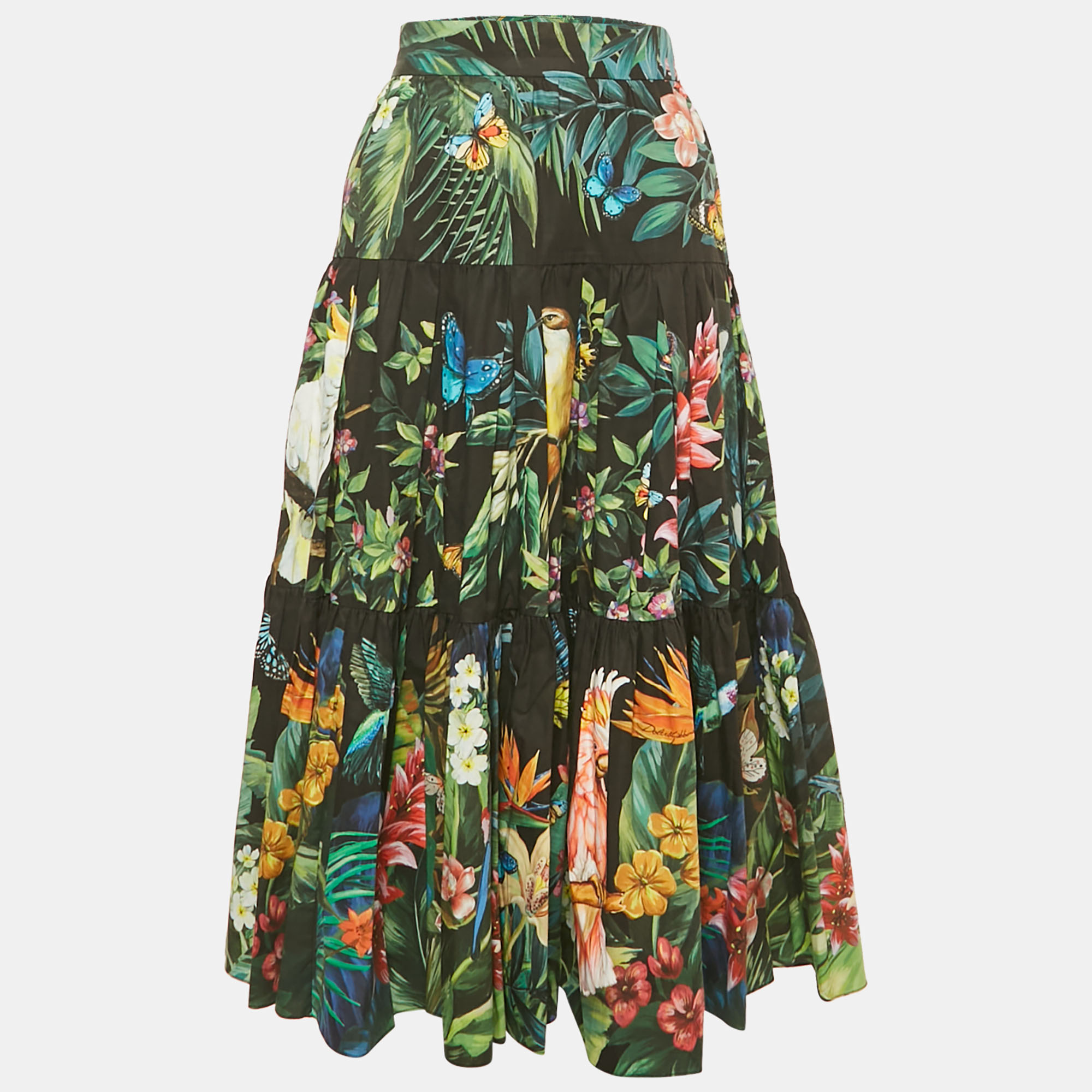 dolce & gabbana black tropical print poplin tiered midi skirt s