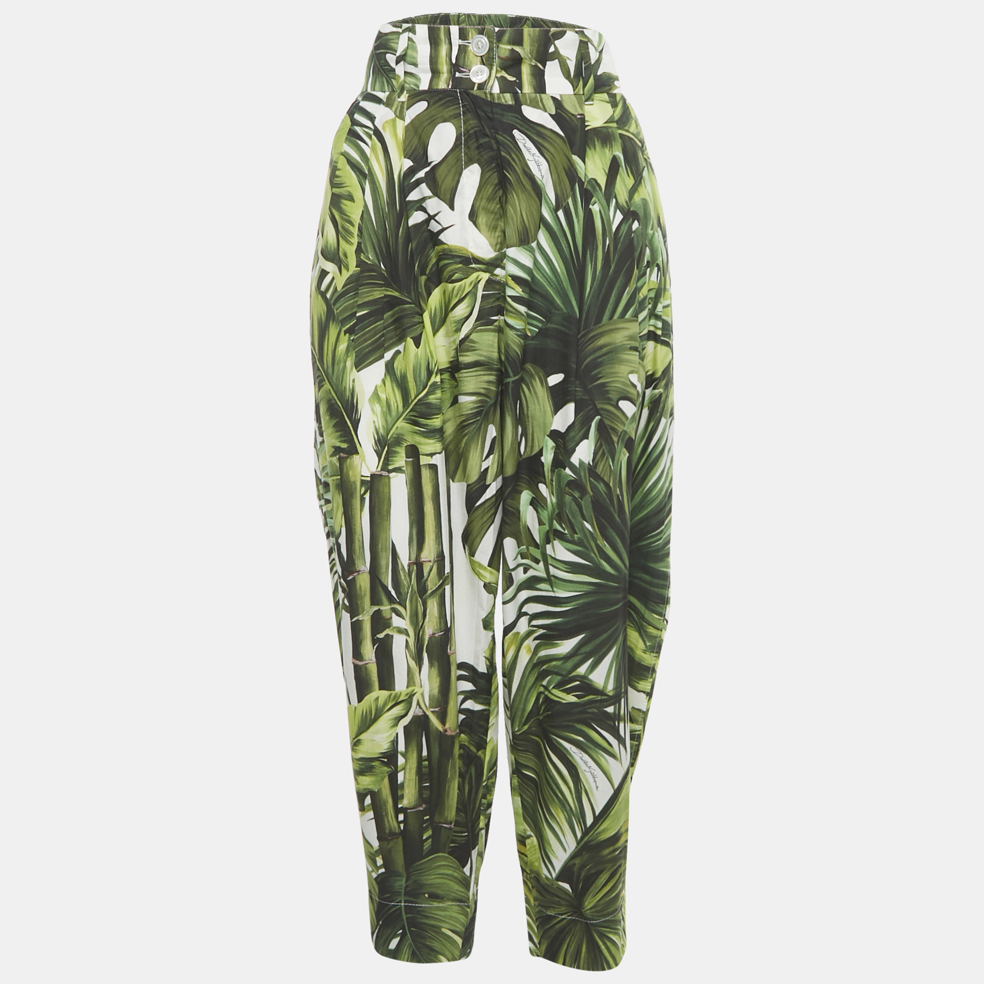 dolce & gabbana green tropical print cotton high waist trouser l