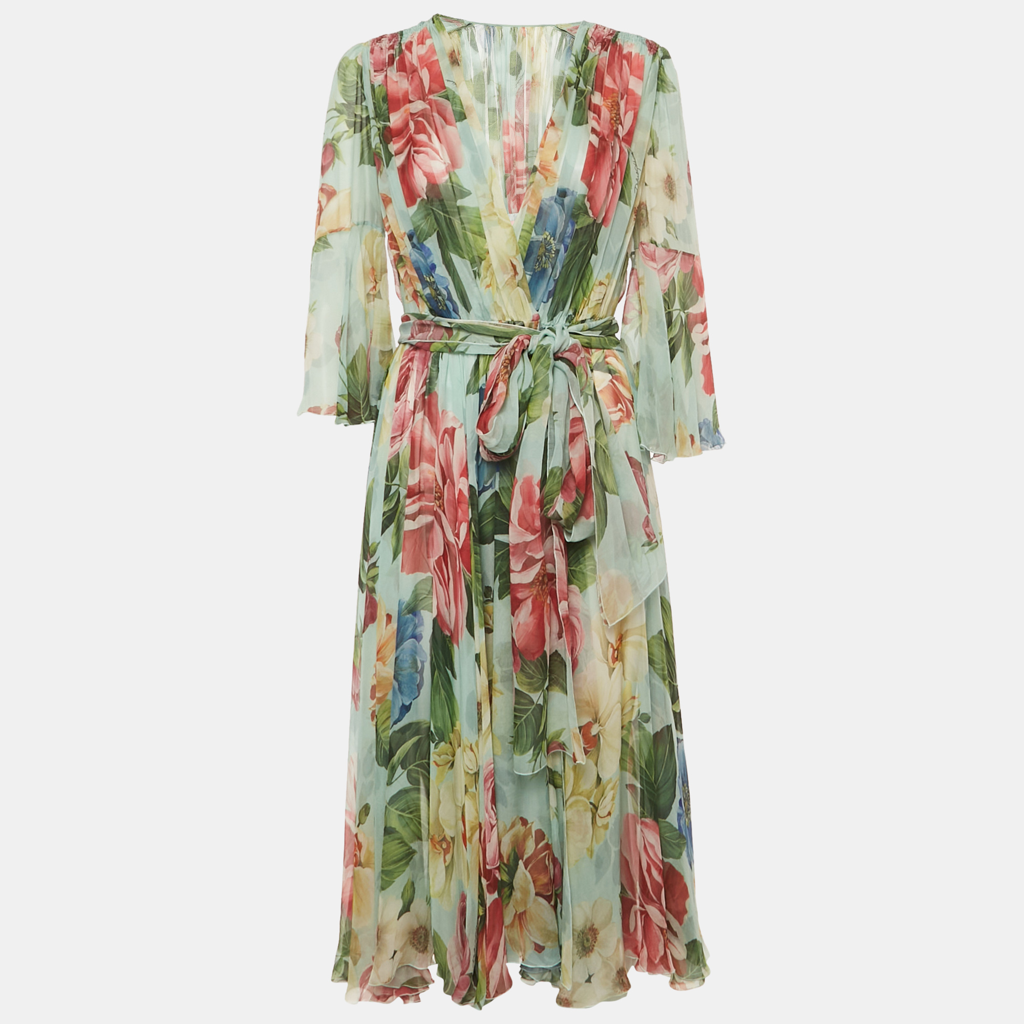 dolce & gabbana green floral print midi wrap dress m
