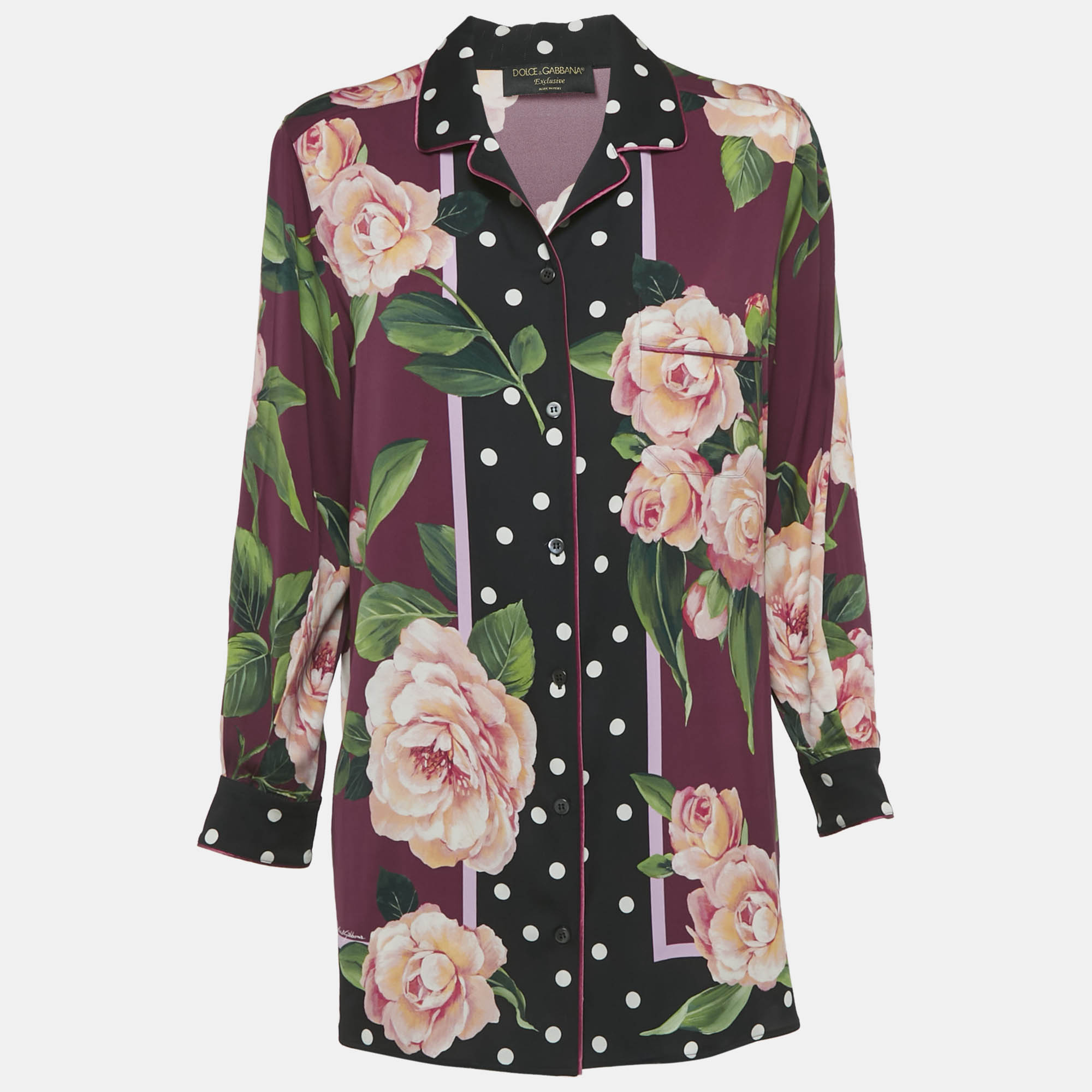 dolce & gabbana burgundy camellia print silk full sleeve blouse m