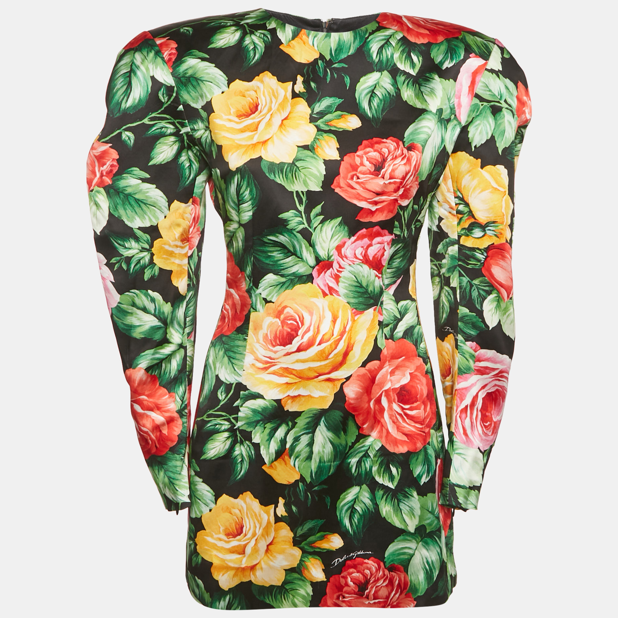 dolce & gabbana black floral print satin puff sleeve mini dress s