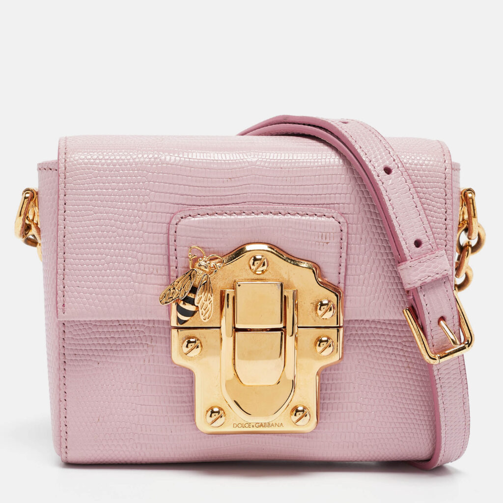 luxury-women-dolcegabbana-used-handbags-p1112021-017-2.jpg Dolce & Gabbana Pink Lizard Embossed Leather Mini Lucia Crossbody Bag