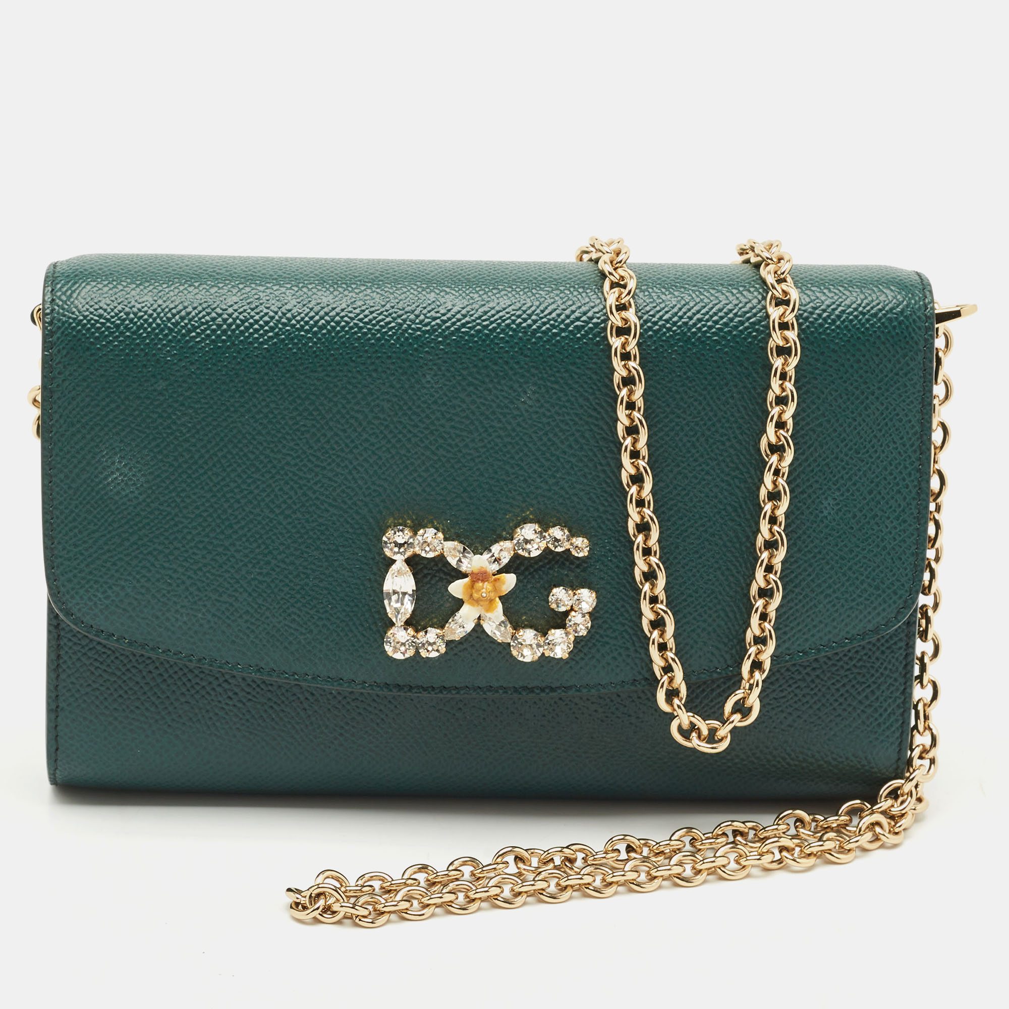 dolce & gabbana dark green leather dg logo crystals wallet on chain
