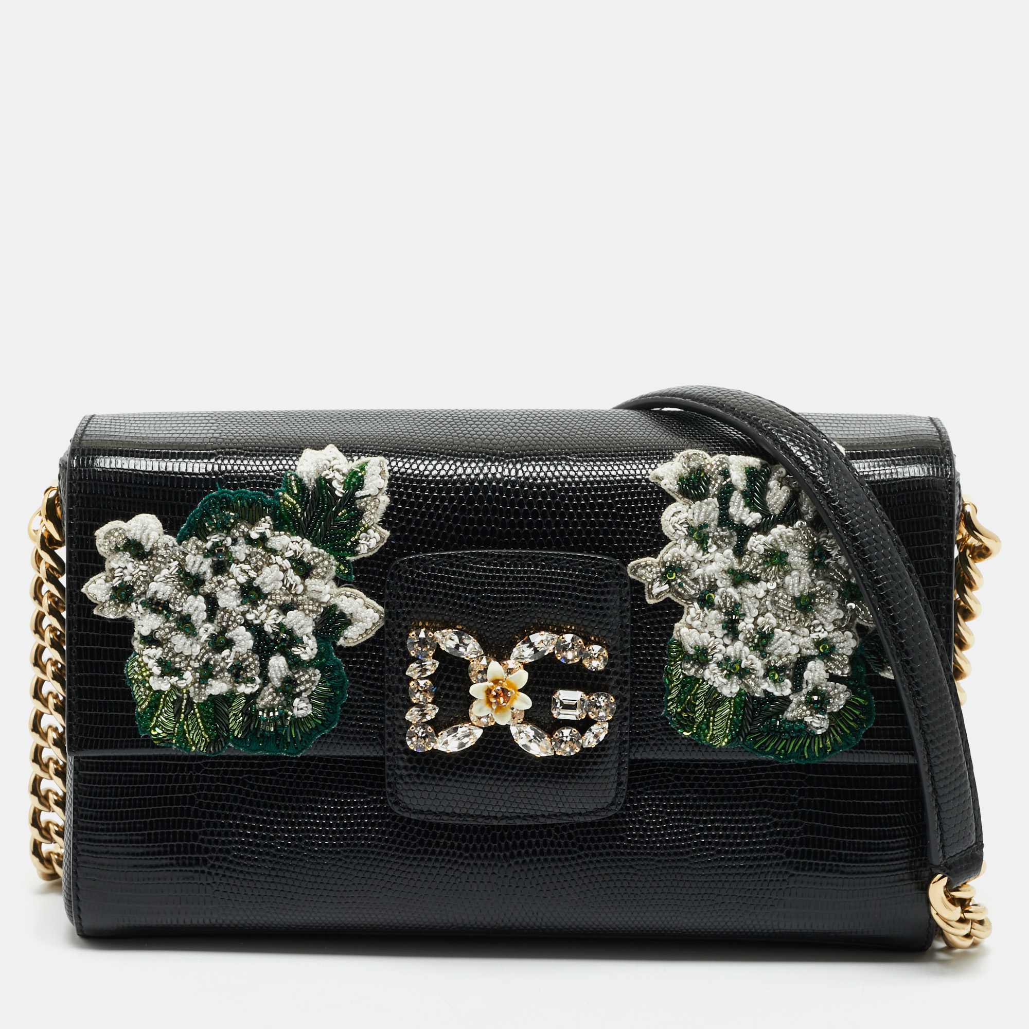 dolce & gabbana black lizard embossed leather dg millennials shoulder bag