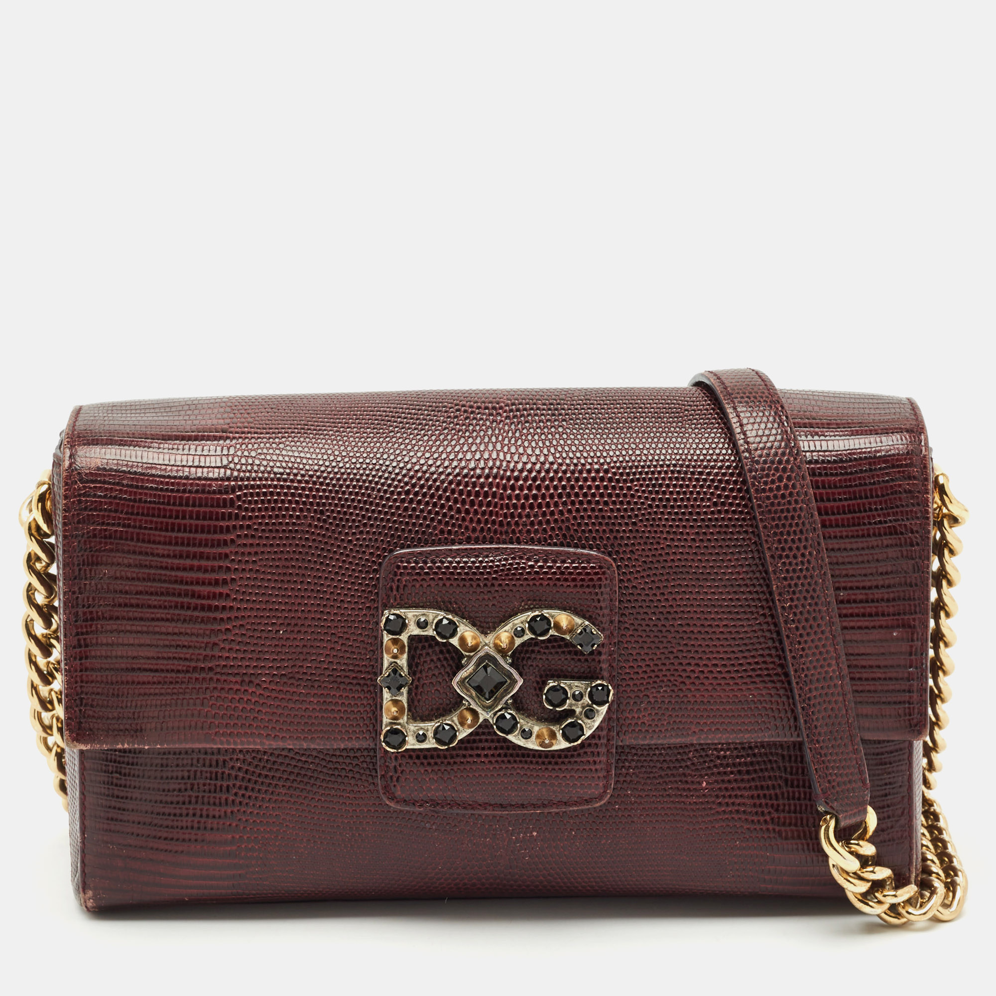 dolce & gabbana burgundy lizard embossed leather dg millennials shoulder bag