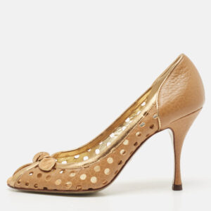 dolce & gabbana gold/brown cutout leather bow peep toe pumps size 37