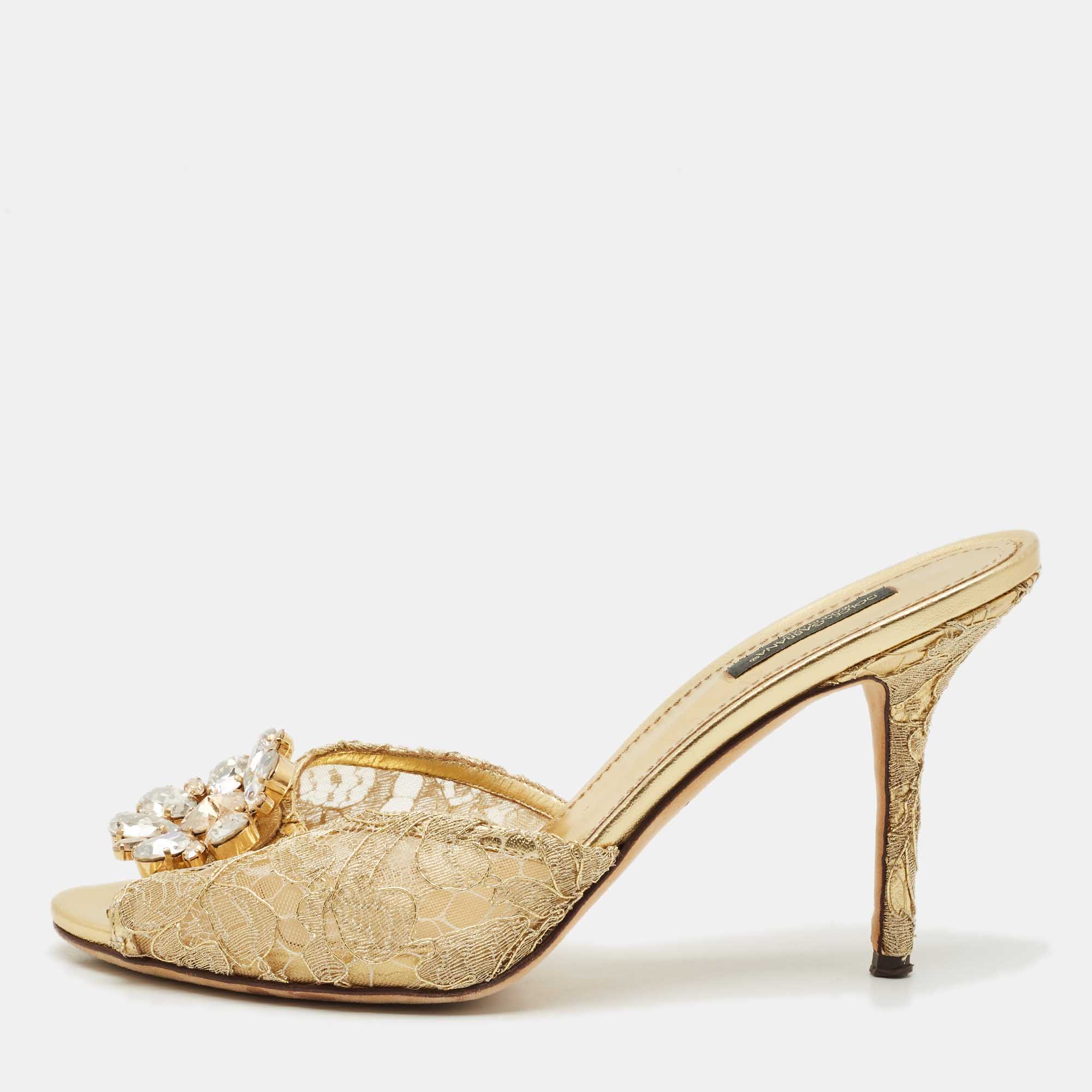 dolce & gabbana gold lace and mesh crystal embellished keira sandals size 41