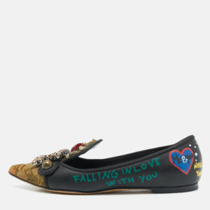 luxury-women-dolcegabbana-used-shoes-p1173440-010.jpg dolce & gabbana black/gold leather and canvas crystal embellished ballet flat size 37