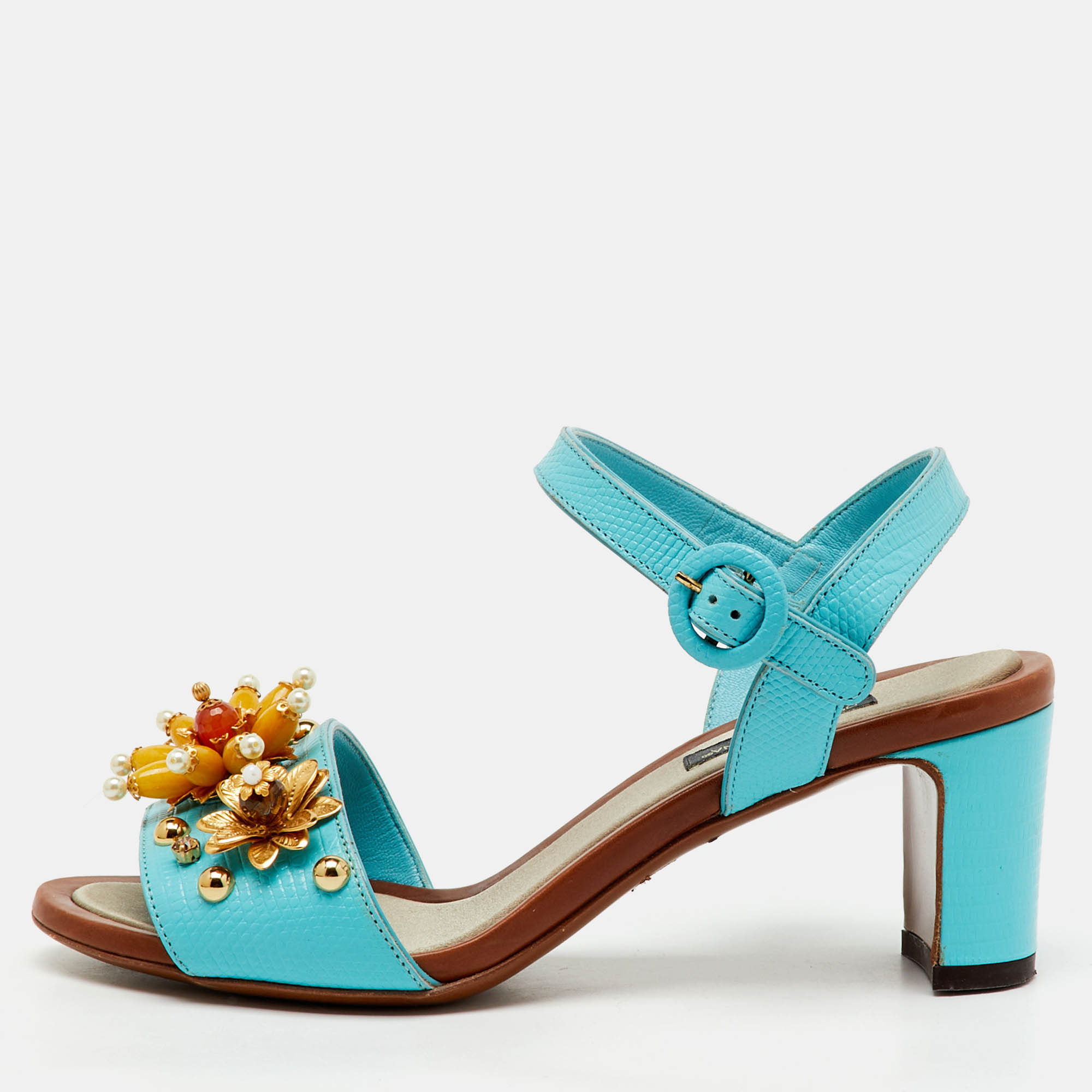 dolce & gabbana blue lizard embossed leather embellished block heel ankle strap sandals size 35