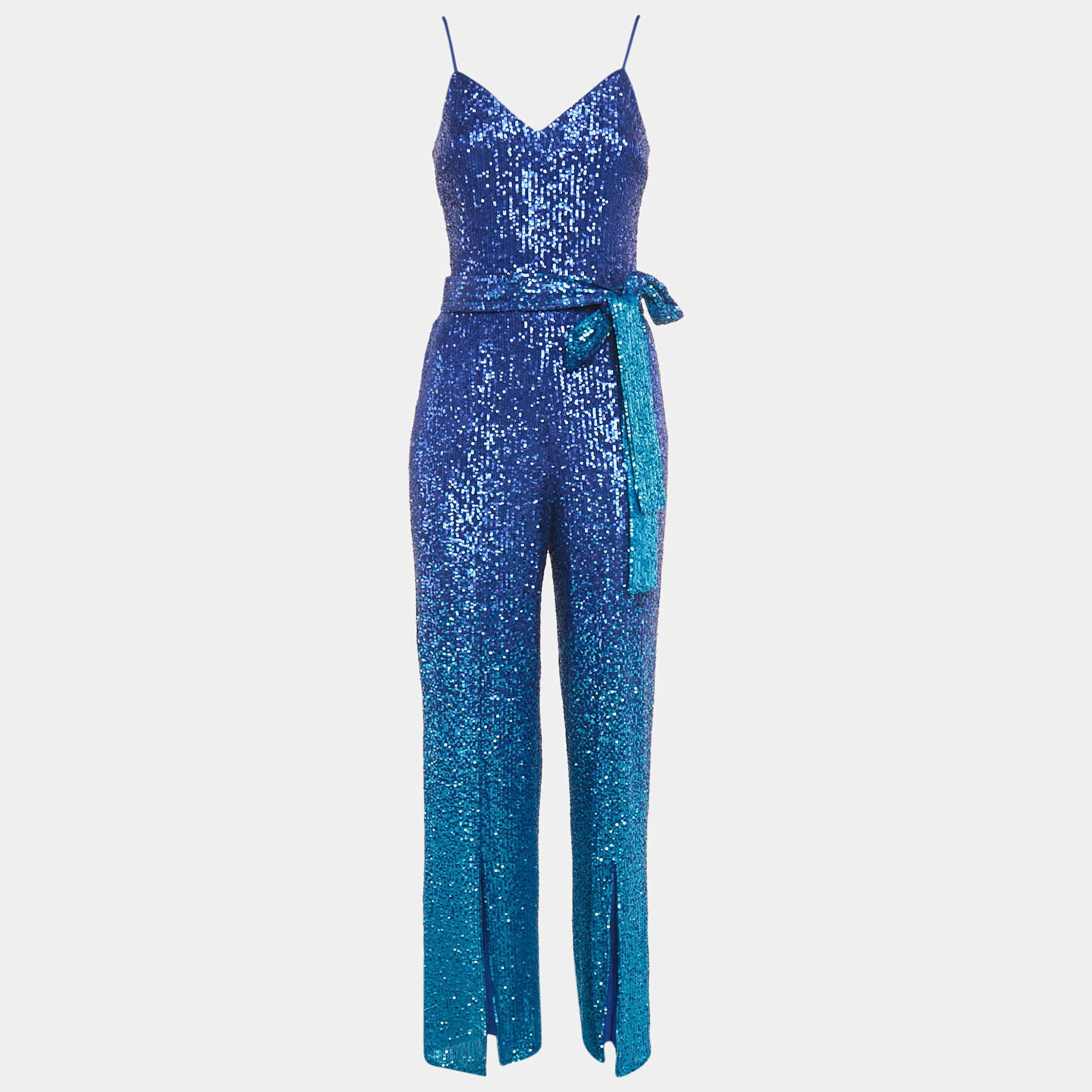 dress the population electric blue sequin belted stevie jumpsuit xs