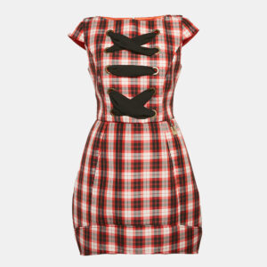 elisabetta franchi red/multicolor plaid print synthetic lace-up detail mini dress m