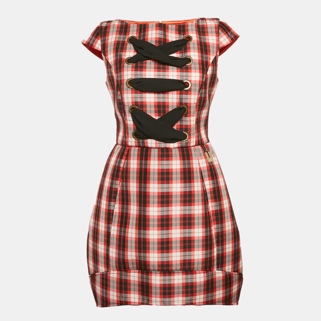luxury-women-elisabetta-franchi-used-clothes-p1117953-001.jpg Elisabetta Franchi Red/Multicolor Plaid Print Synthetic Lace-Up Detail Mini Dress M