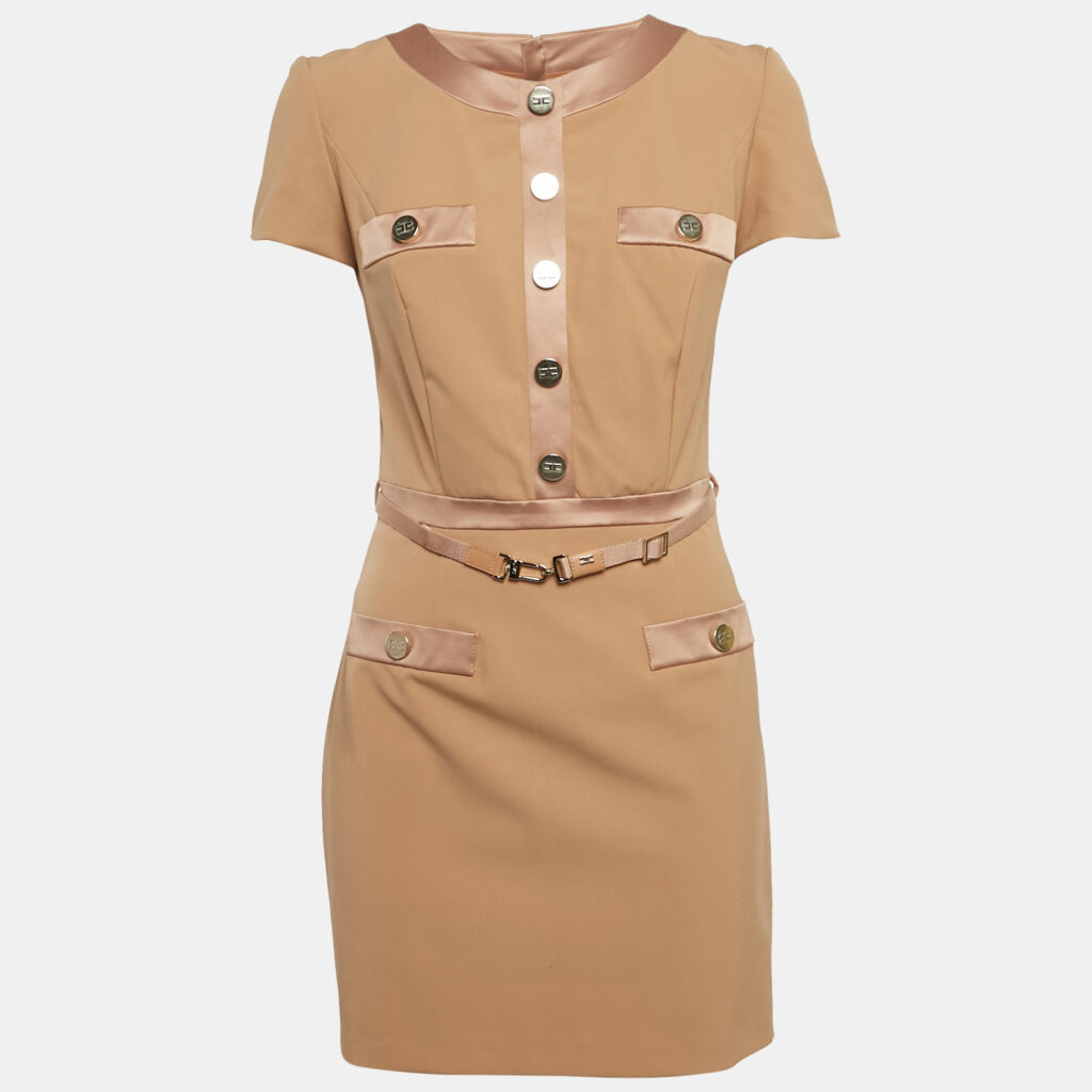 luxury-women-elisabetta-franchi-used-clothes-p1118181-003.jpg Elisabetta Franchi Caramel Brown Crepe Button Detail Mini Dress M