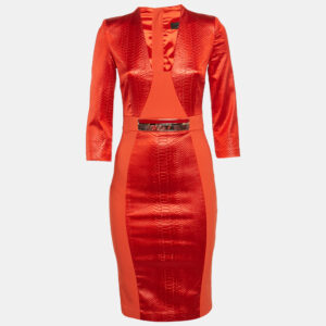 elisabetta franchi orange  python textured satin and crepe sheath dress m