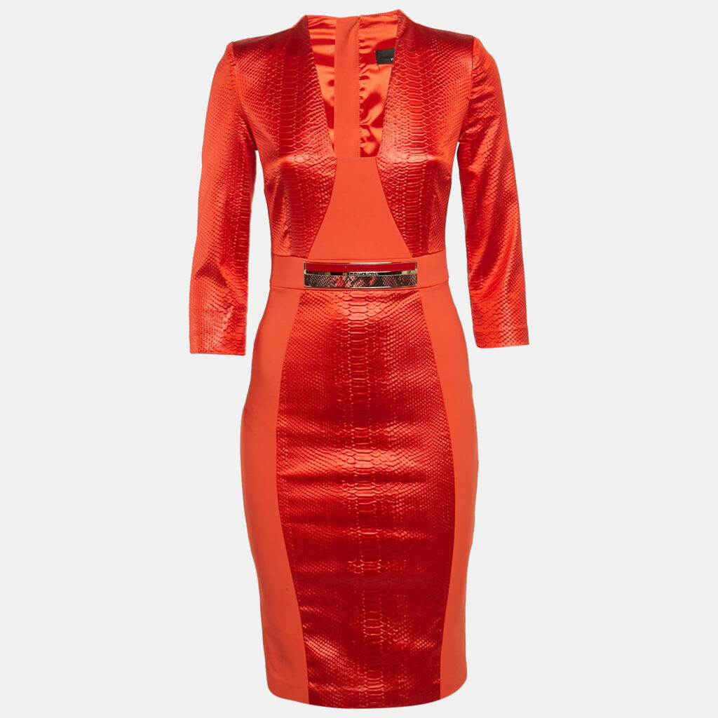 luxury-women-elisabetta-franchi-used-clothes-p1118249-002.jpg Elisabetta Franchi Orange Python Textured Satin and Crepe Sheath Dress M