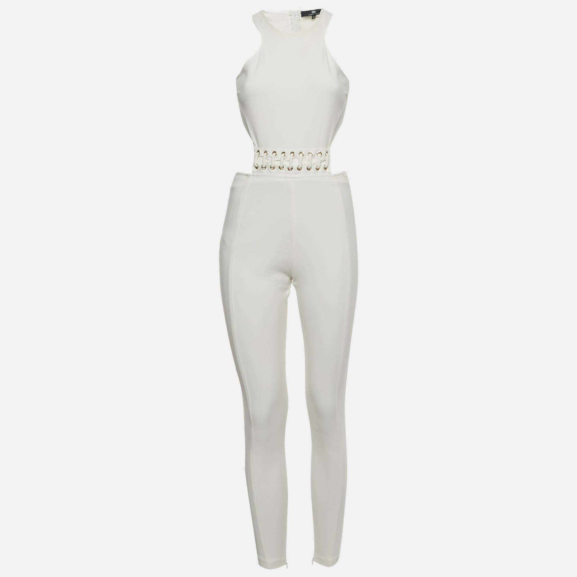 elisabetta franchi white jersey lace up backless jumpsuit m