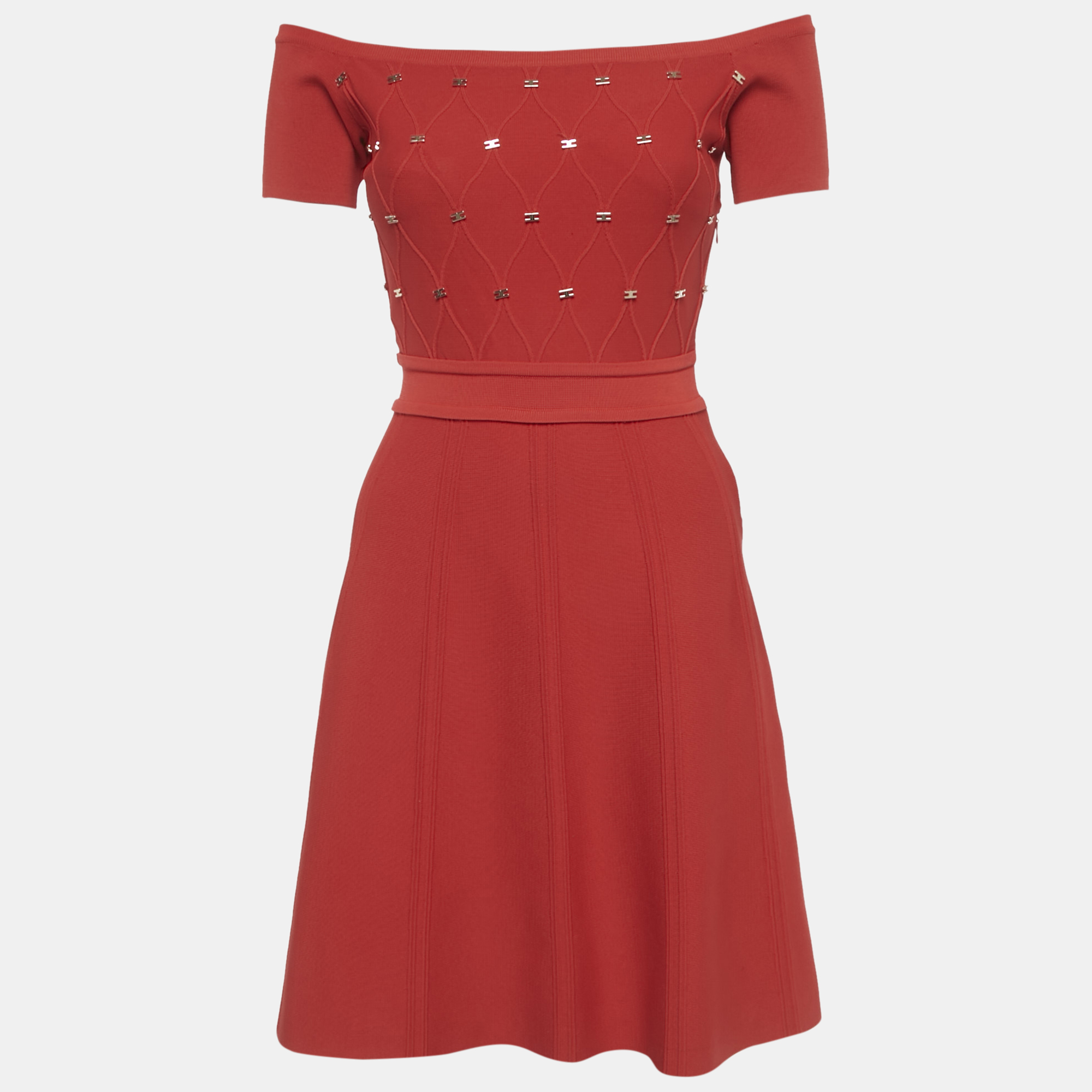 elisabetta franchi red logo embellished knit mini dress s
