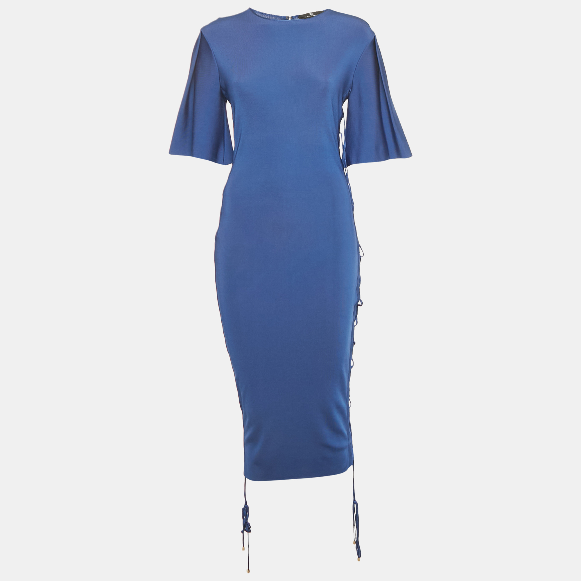 elisabetta franchi blue jersey lace up detail bodycon dress m
