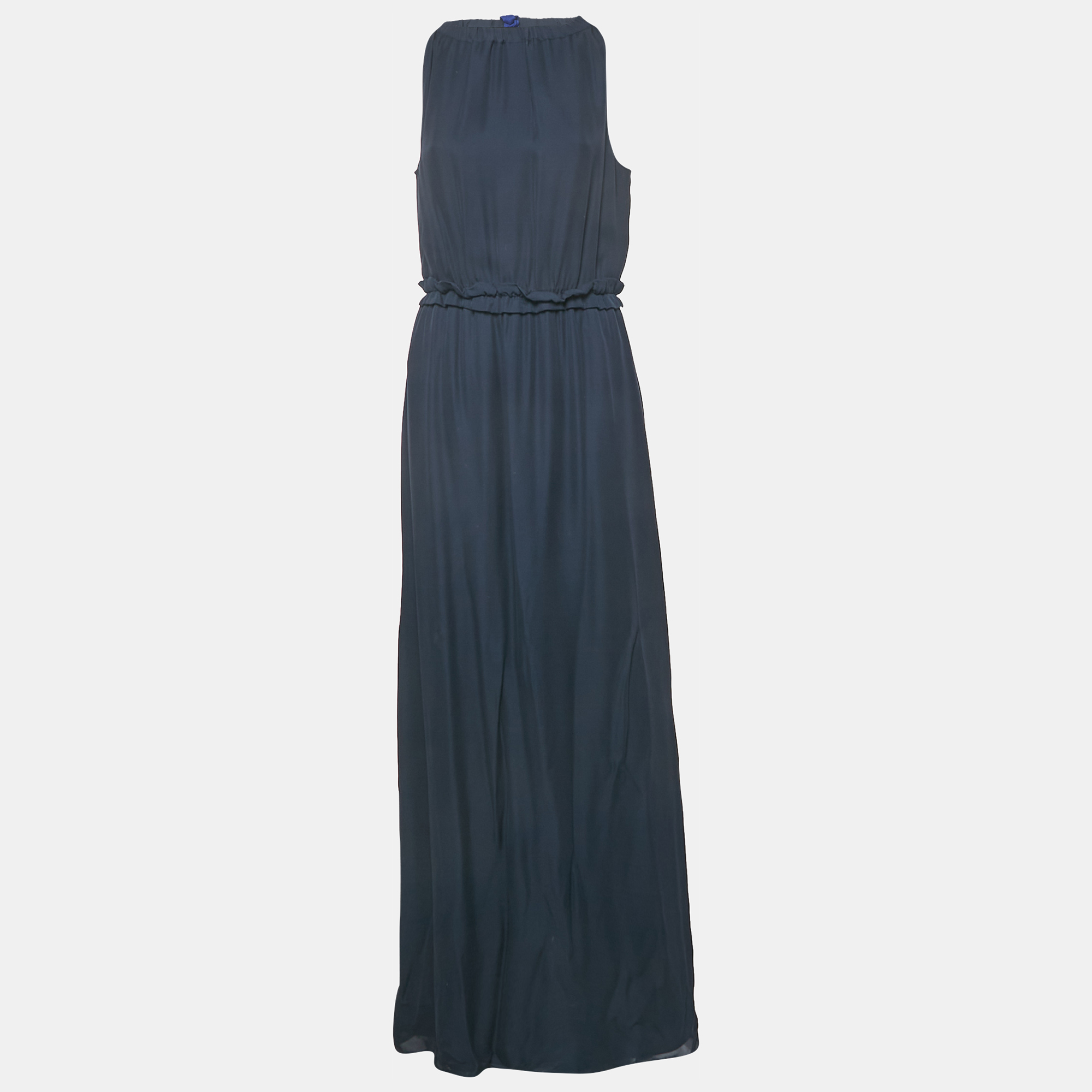 emporio armani navy blue silk waist ruffle trim sleeveless maxi dress m