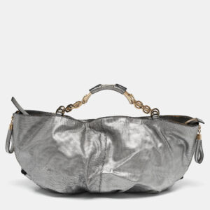 escada grey textured leather expandable side zip tote