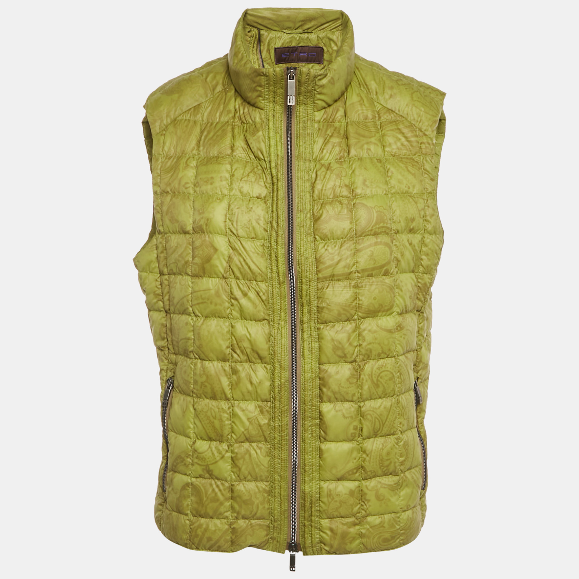 etro green printed nylon sleeveless quilted down jacket l