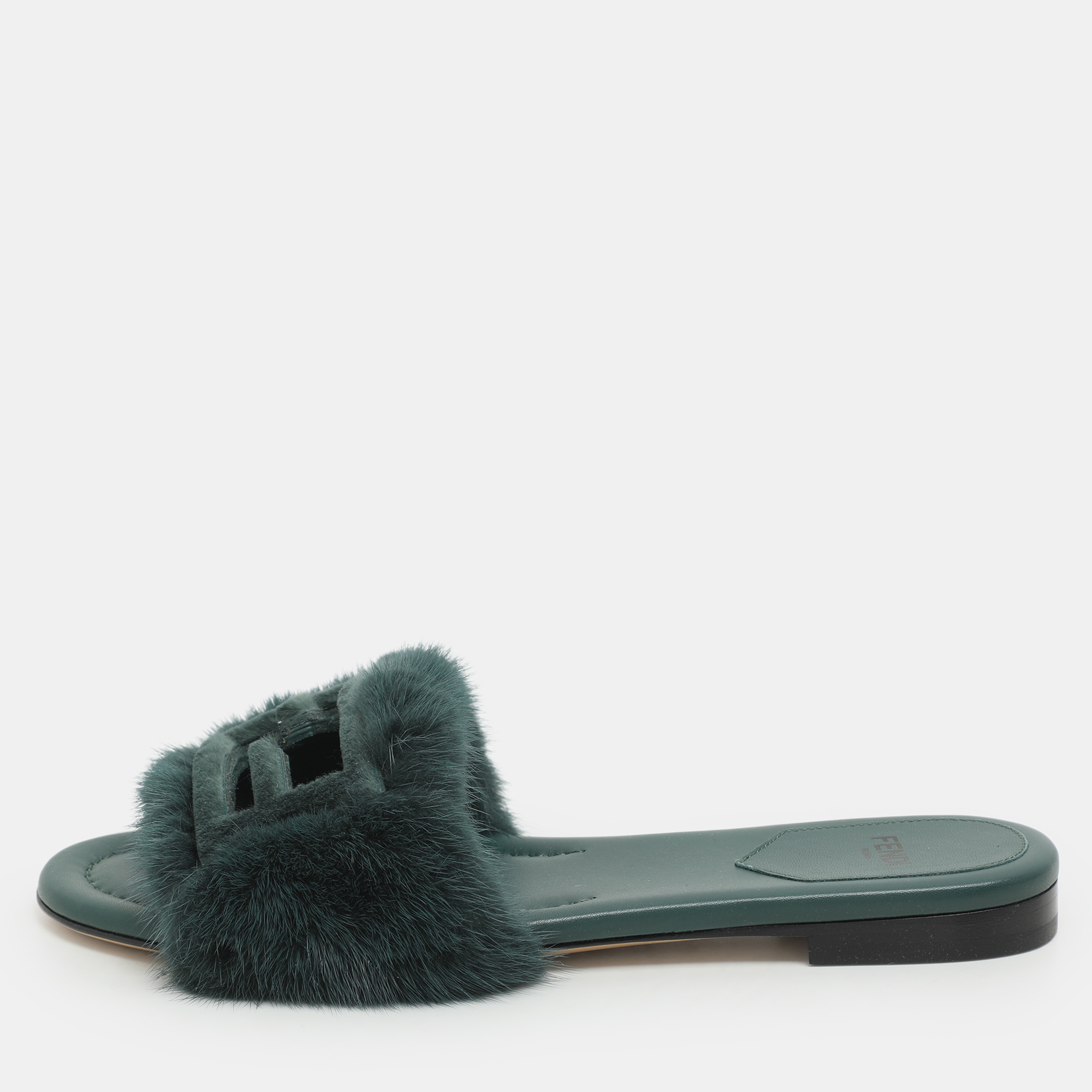 fendi green mink fur baguette slide sandals size 36