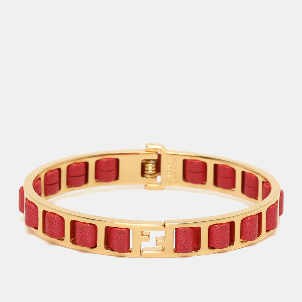 Fendi Gold Tone Pink Leather The Fendista Bangle Bracelet S