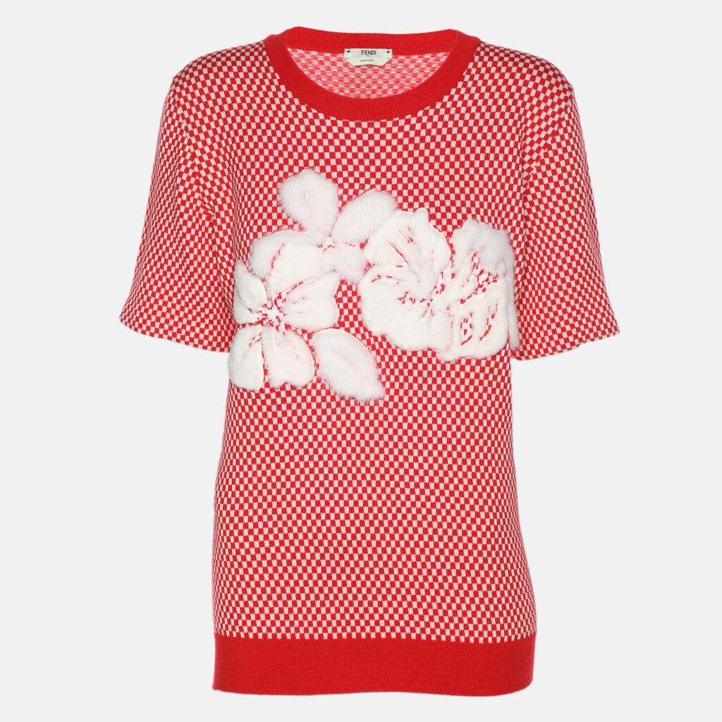 luxury-women-fendi-used-clothes-p1150163-001.jpg Fendi Red/White Check Knit Wool Cotton Applique Sweater M