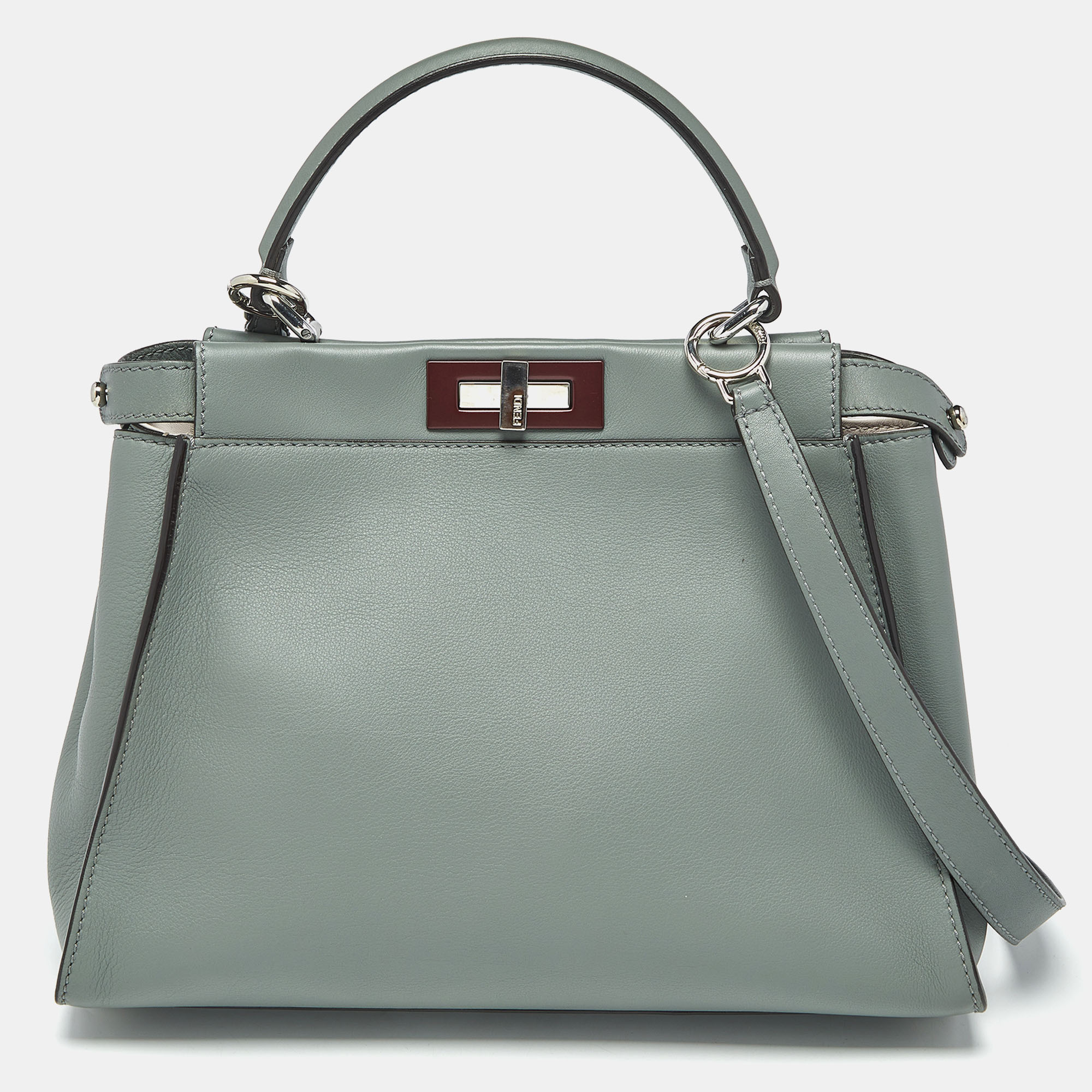 fendi grey leather regular peekaboo top handle bag