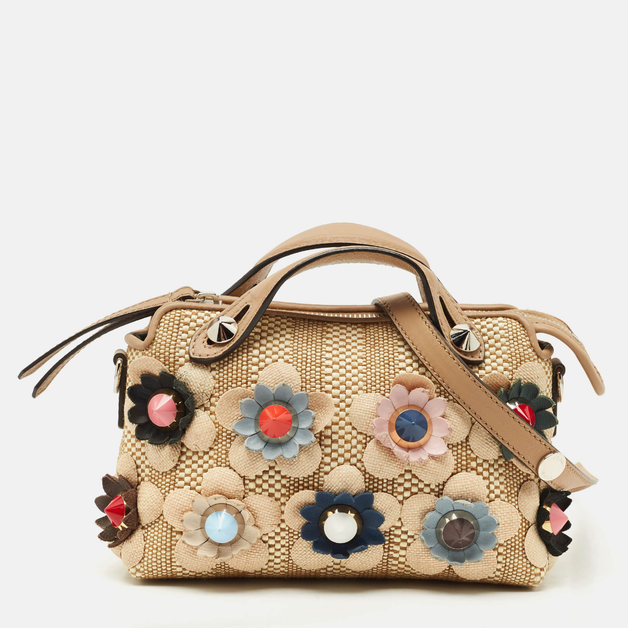 fendi beige/natural raffia mini applique by the way crossbody bag