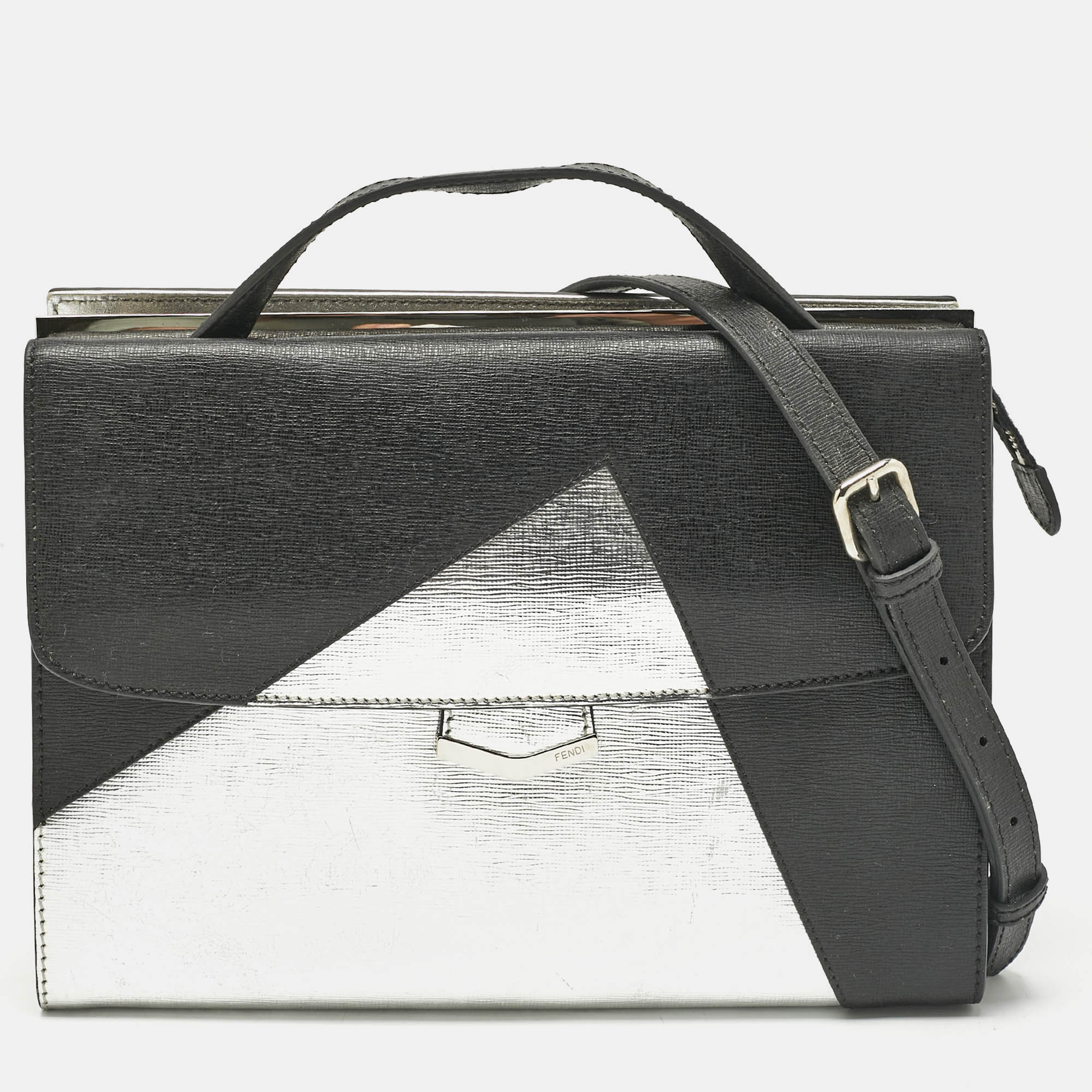 fendi black/silver leather small demi jour top handle bag