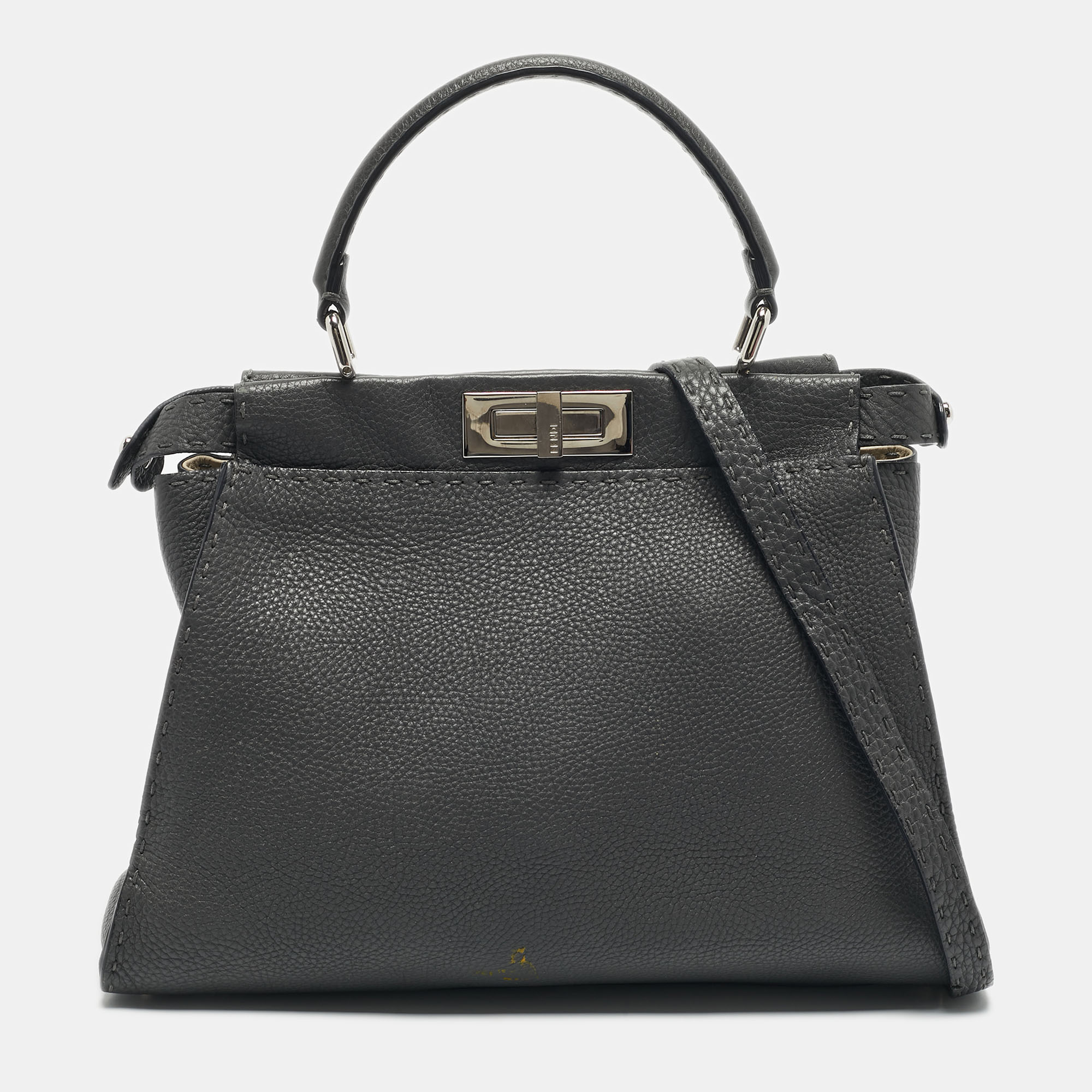 fendi grey leather medium peekaboo top handle bag