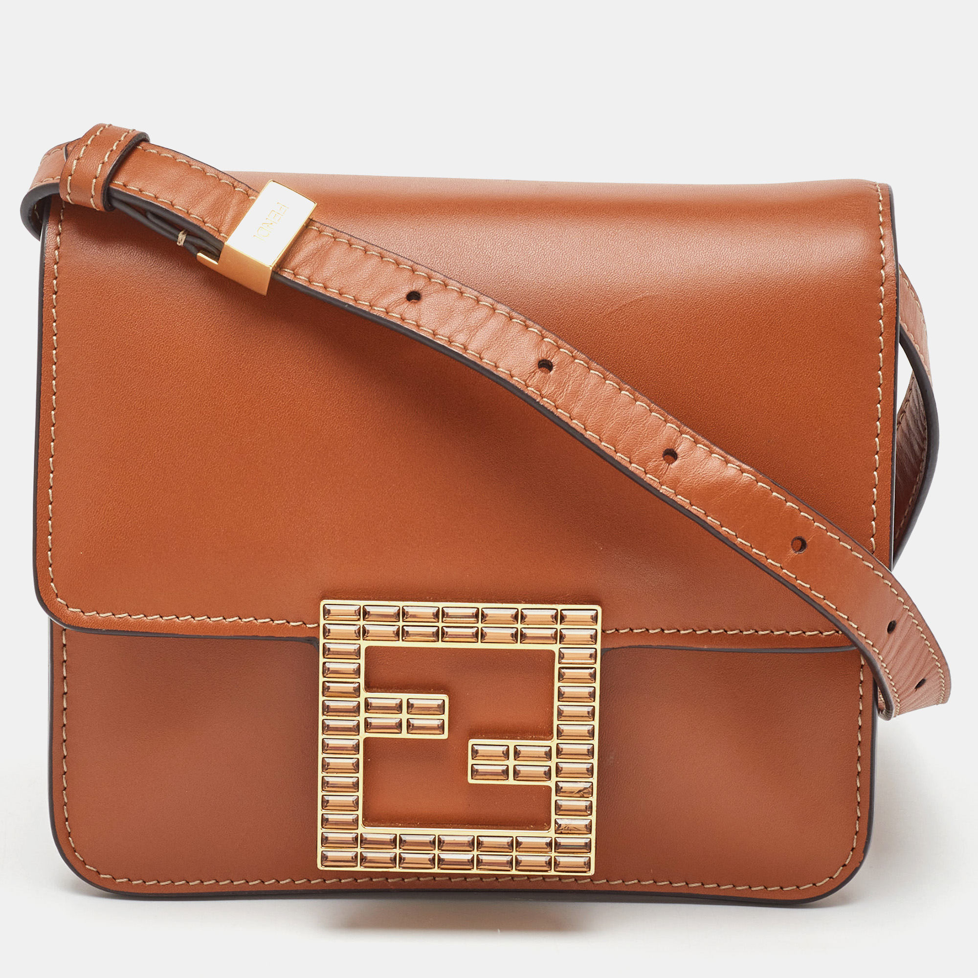 fendi brown smooth leather crystal fab crossbody bag