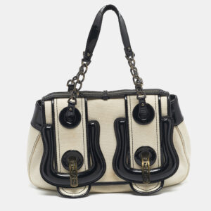fendi black/off white patent leather and canvas b shoulder bag