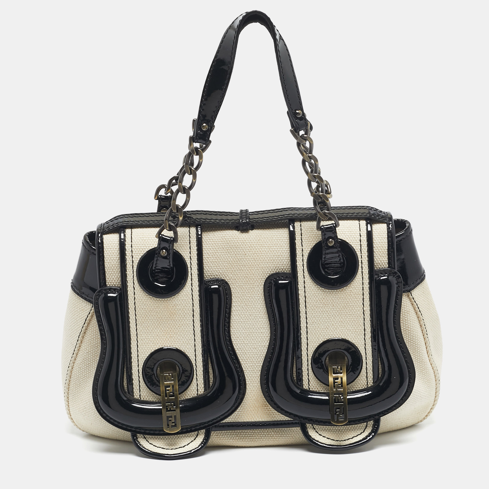 fendi black/off white patent leather and canvas b shoulder bag