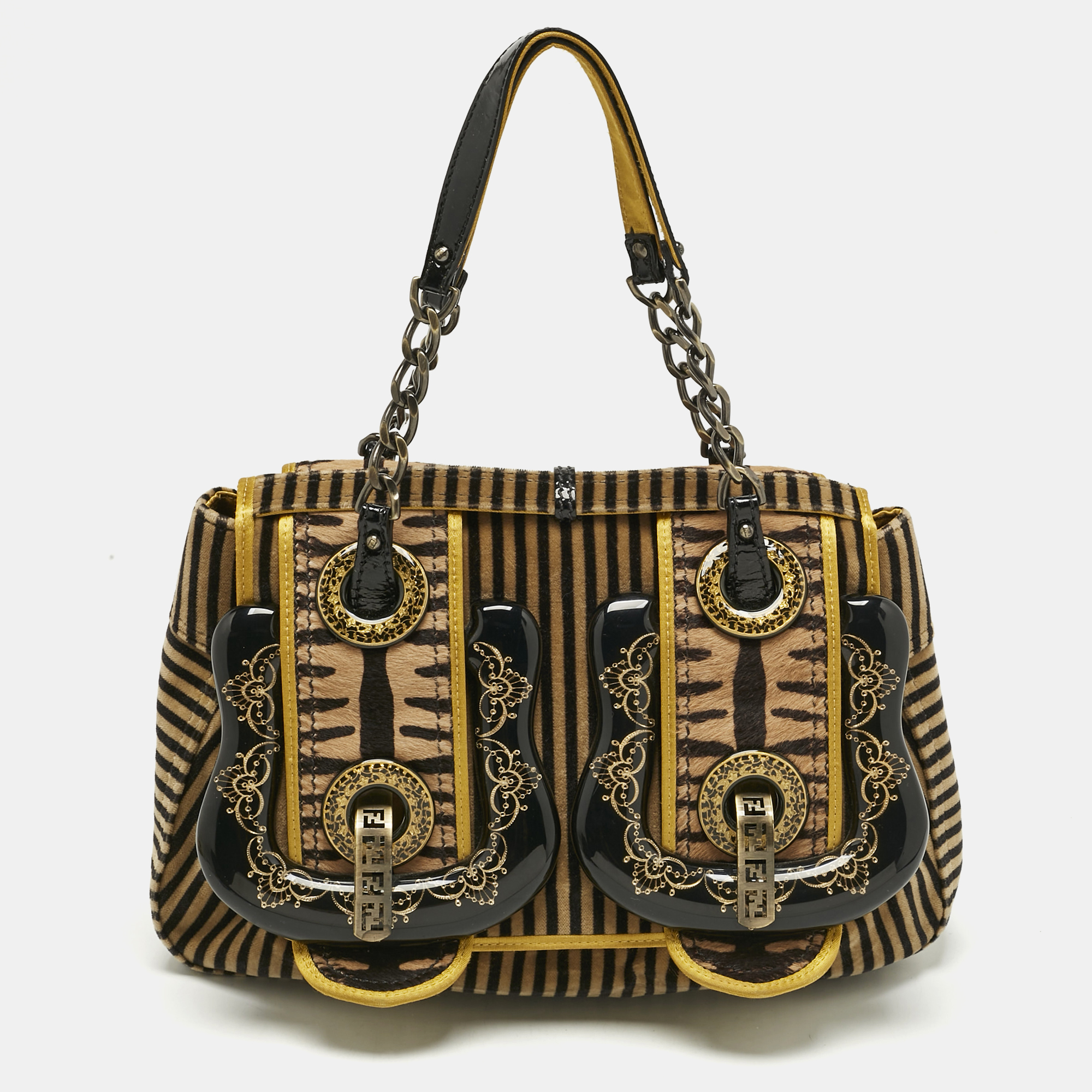 fendi brown/black stripe calfhair and velvet b bag shoulder bag