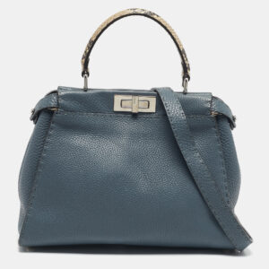 fendi blue/beige leather and python medium peekaboo top handle bag