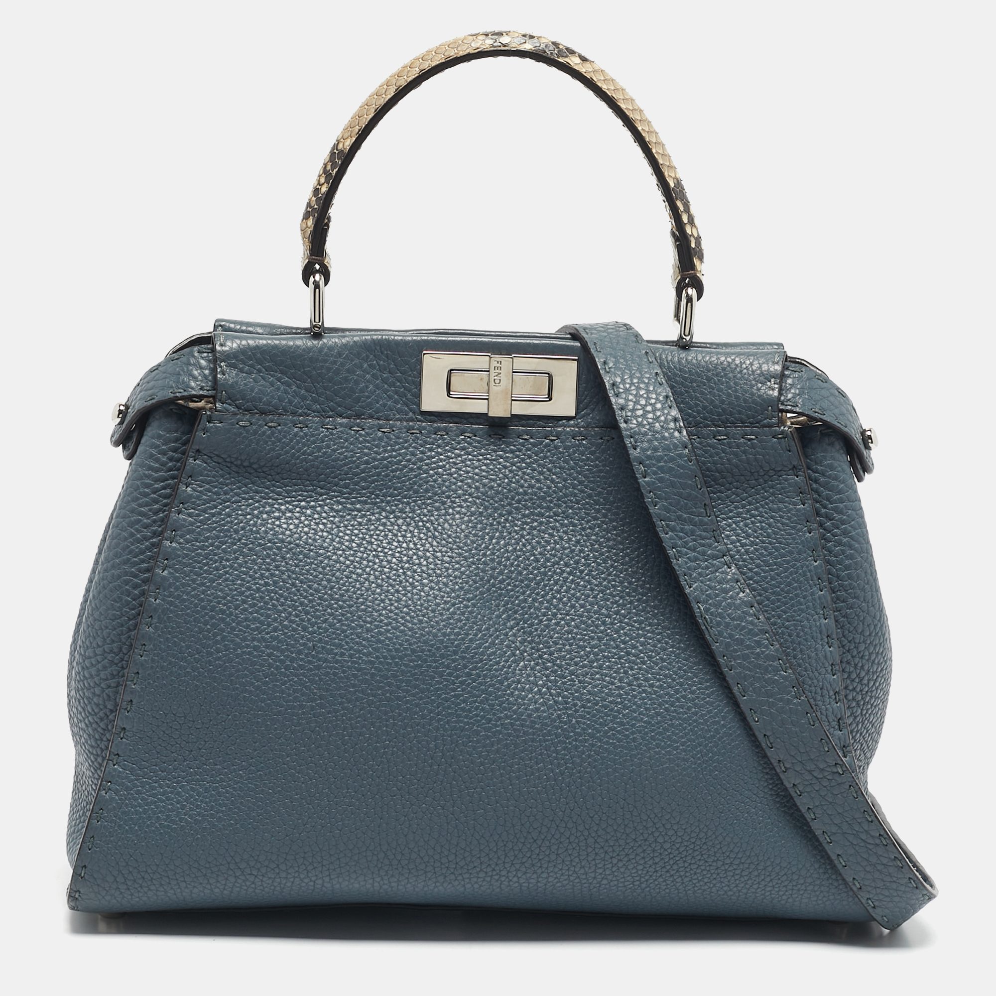 fendi blue/beige leather and python medium peekaboo top handle bag