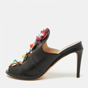 fendi black leather floral applique mules size 37.5