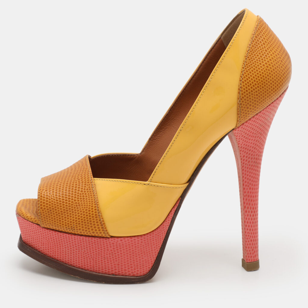 luxury-women-fendi-used-shoes-p1106493-007.jpg Fendi Tri Color Fendista Colorblock Lizard-Embossed Leather Peep Toe Platform Pumps Size 36