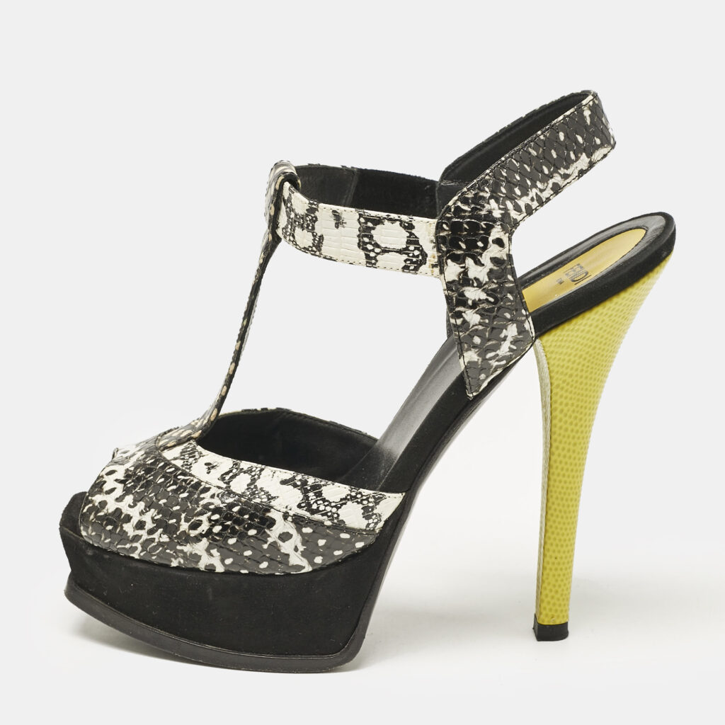luxury-women-fendi-used-shoes-p1106786-003.jpg Fendi Multicolor Python Embossed Leather and Suede Animal Print T-Strap Sandals Size 38.5