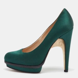 fendi dark green satin bridge heel platform pumps size 38