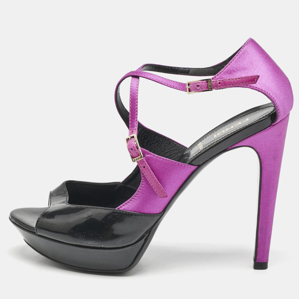 luxury-women-fendi-used-shoes-p1128352-001.jpg Fendi Black/Pink Patent Leather and Satin Ankle Strap Sandals Size 38