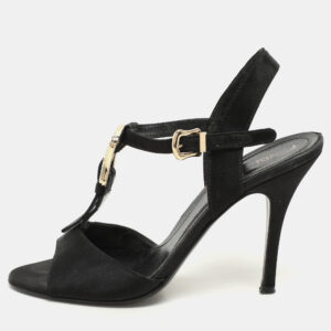 fendi black satin crystal embellished buckle t-strap sandals size 37.5