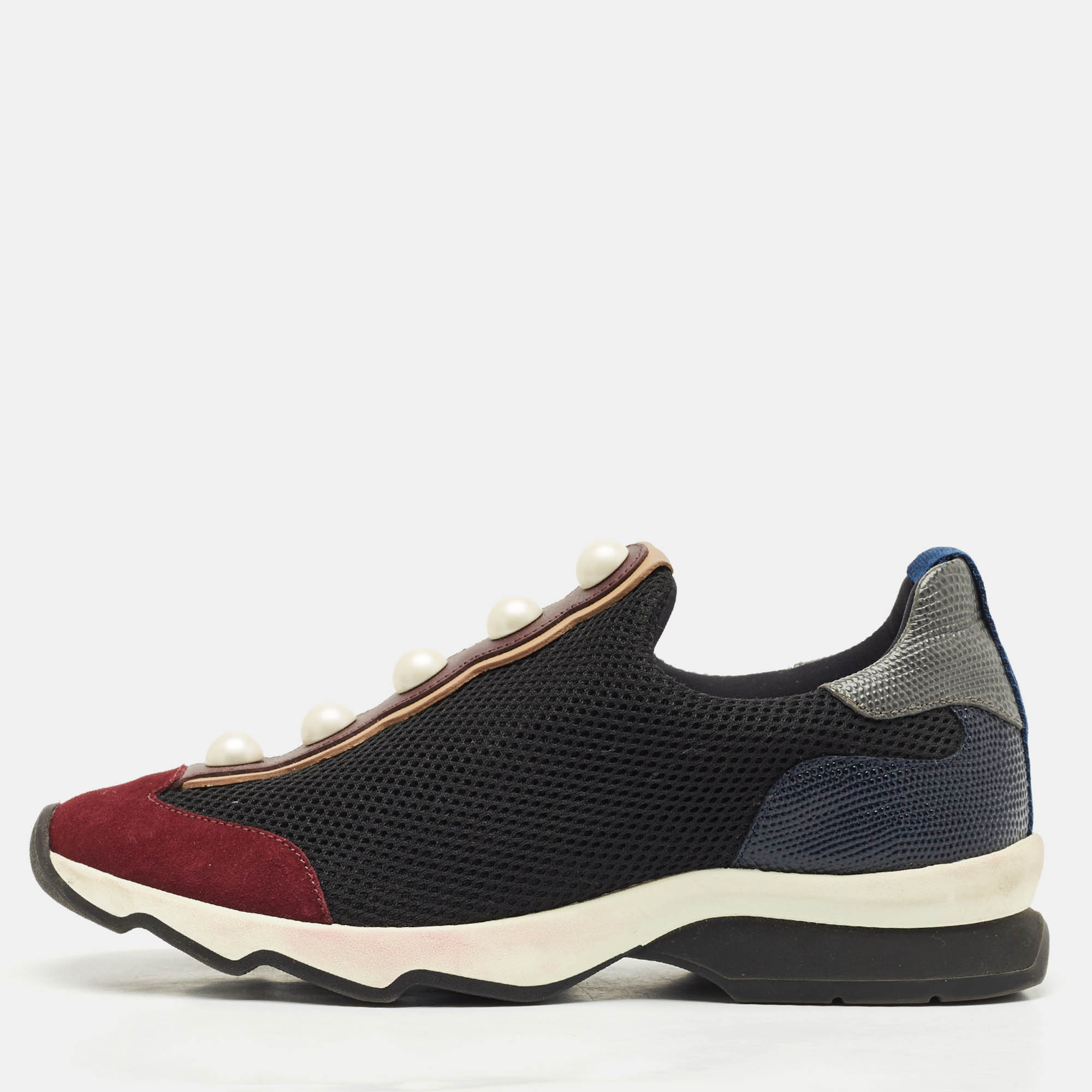 fendi black/burgundy mesh and suede pearl technical slip on sneakers size 37